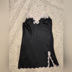 Victoria's Secret Black Satin Slip with Pink Lace Trim